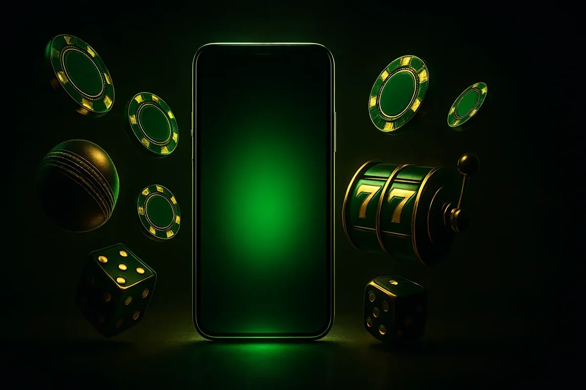 Glowing smartphone with casino chips, slot reels, dice, and cricket ball on dark luxurious background
